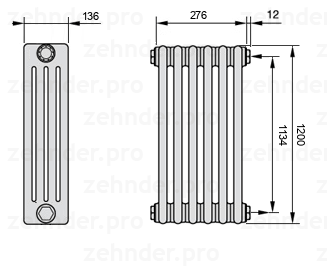 Схема (чертеж) Радиатор Zehnder Charleston 4120/6 №7610 Белый глянцевый RAL 9016